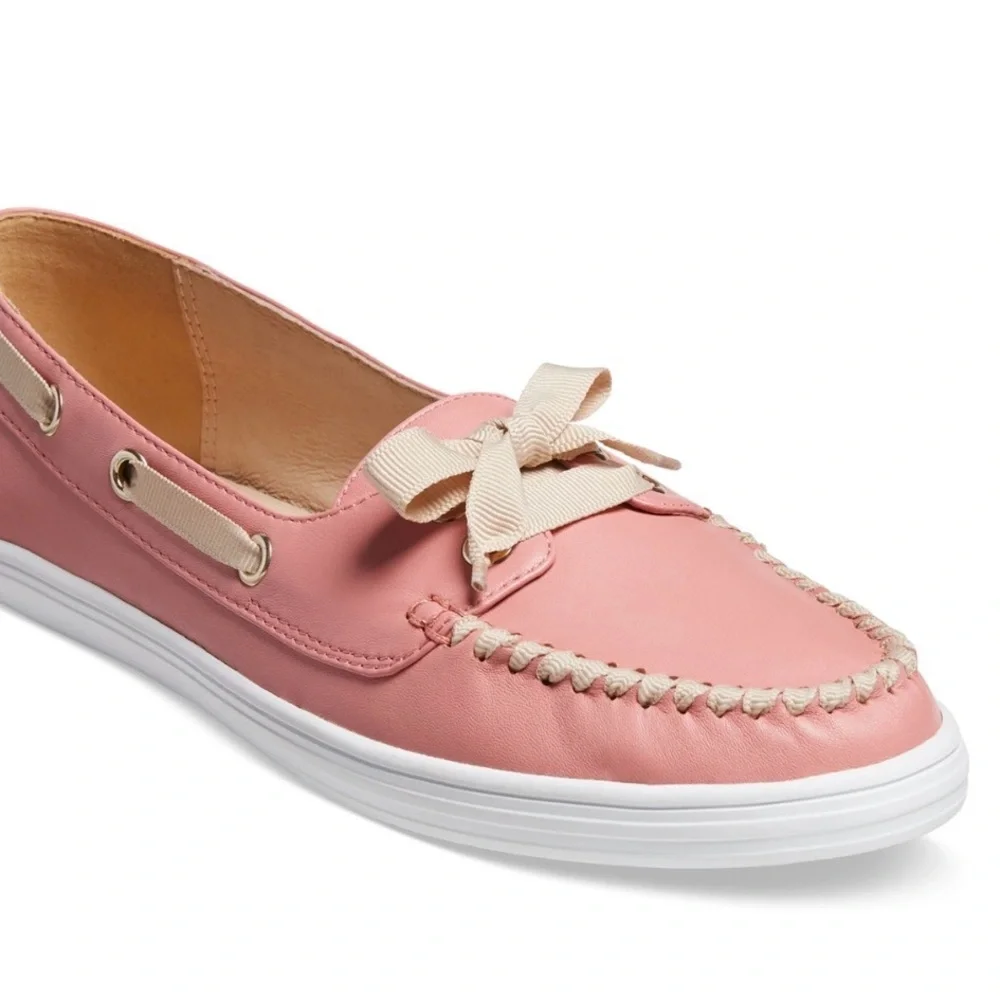 Jack Rogers Bonnie Weekend Loafer Flats Pink Leather Bow Boat Shoes Women’s 7.5